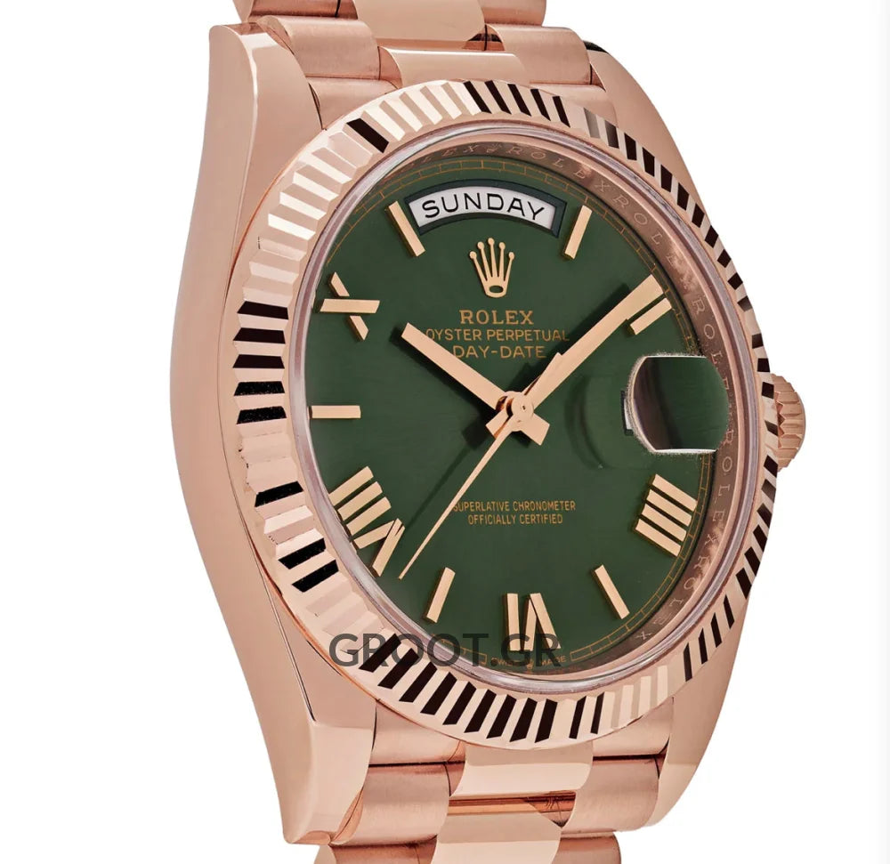 Rolex Day-Date Olive Green Roman Dial Everose Gold President 40Mm
