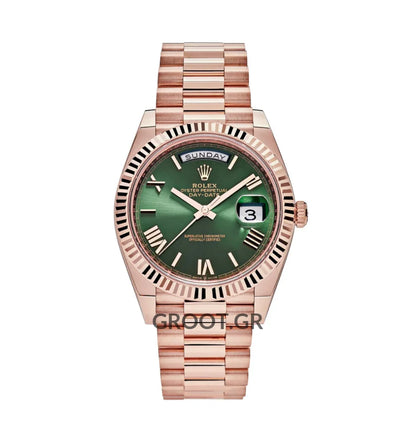 Rolex Day-Date Olive Green Roman Dial Everose Gold President 40Mm