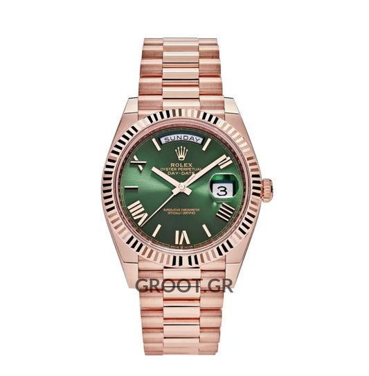 Rolex Day-Date Olive Green Roman Dial Everose Gold President 40Mm