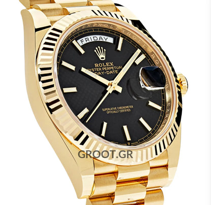 Rolex Day-Date Yellow Gold Black Diagonal Dial President 40Mm