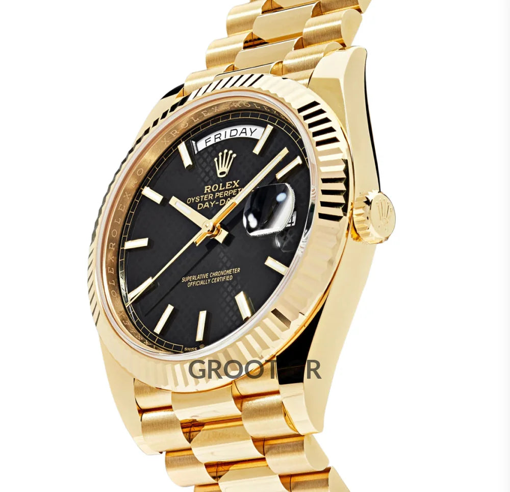 Rolex Day-Date Yellow Gold Black Diagonal Dial President 40Mm