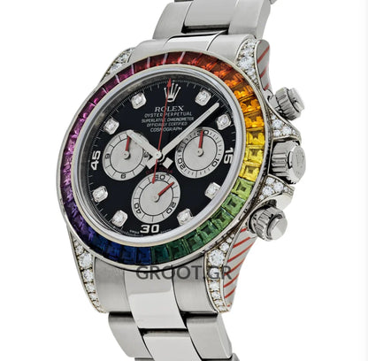 Rolex Daytona White Gold Rainbow Bezel Black Diamond Dial 40Mm