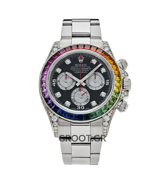 Rolex Daytona White Gold Rainbow Bezel Black Diamond Dial 40Mm
